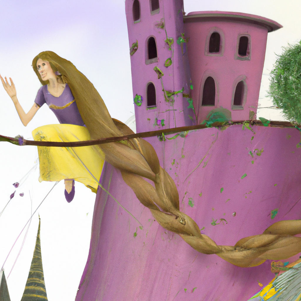 C'era una volta nel regno dei folletti una principessa di nome Rapunzel. Aveva dei lunghi capelli biondi e splendenti che poteva usare per scendere dalle sue torri, dove era rinchiusa da una strega malvagia. Un giorno, un principe curioso venne a salvarla e i due si innamorarono.