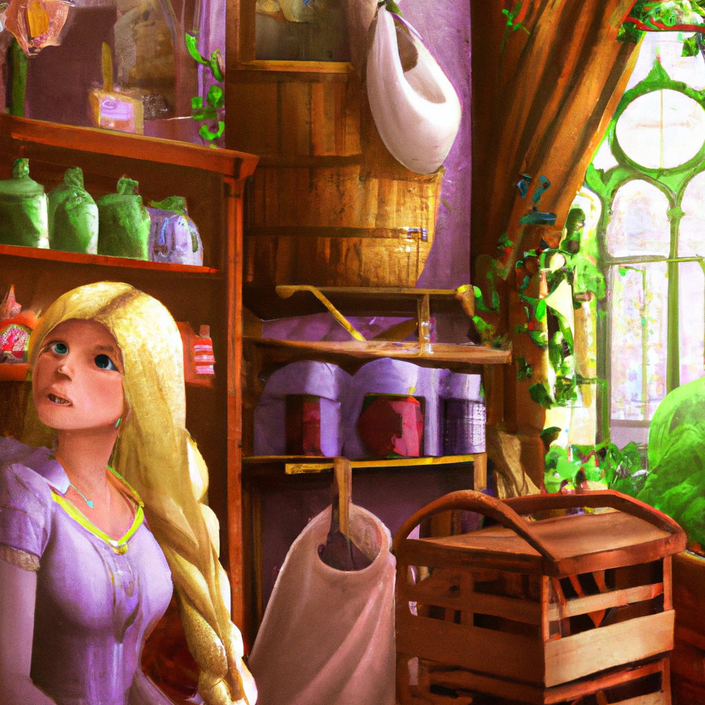 Rapunzel, una giovane dai lunghi capelli biondi, viveva in una torre nel lontano e magico regno incantato. Un giorno la fanciulla dovette affrontare una difficile missione: doveva imparare a fare la spesa.